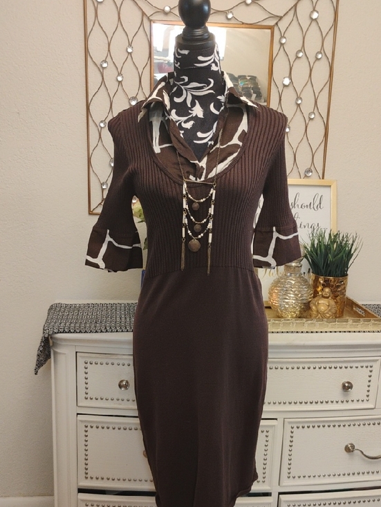 Tory Burch Dresses & Skirts - Tory Burch Brown Layered Knit Collar Dress with Patterned Trim